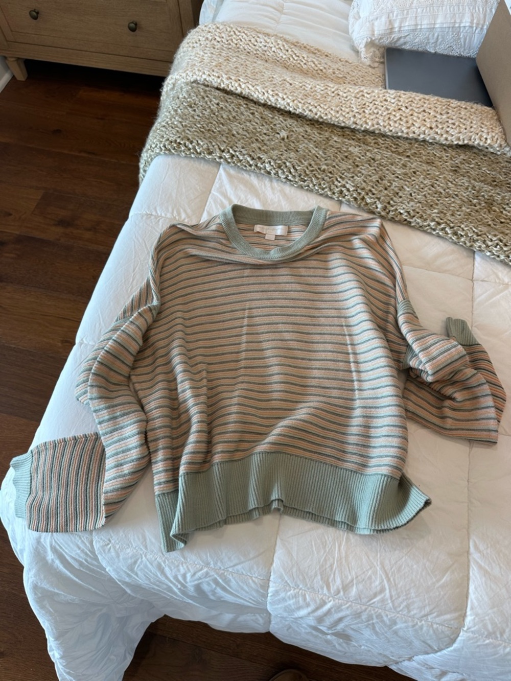 Spiritual Gangster Striped Crewneck Sweater in Sage and Beige